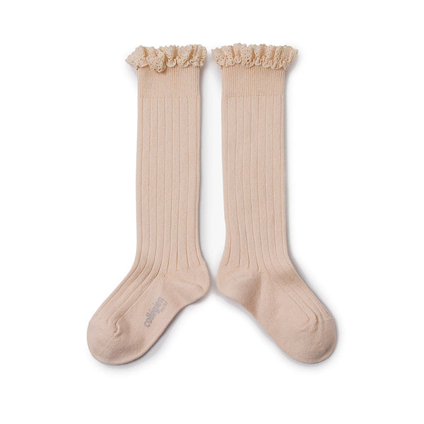 Collegien Josephine Lace Ruffle Trim Knee Socks | Sorbet, , Collégien - All The Little Bows