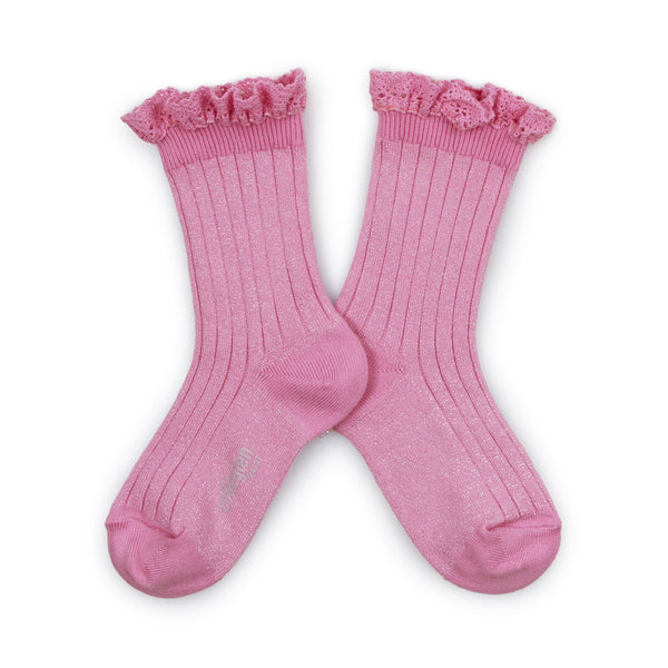 Collegien Victorine Glitter Ribbed Crew Socks w/ Lace Trim | Rose Bonbon, , Collégien - All The Little Bows
