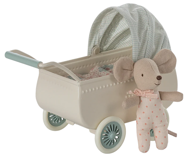 Maileg | Pram w/ Baby Mouse, Mint