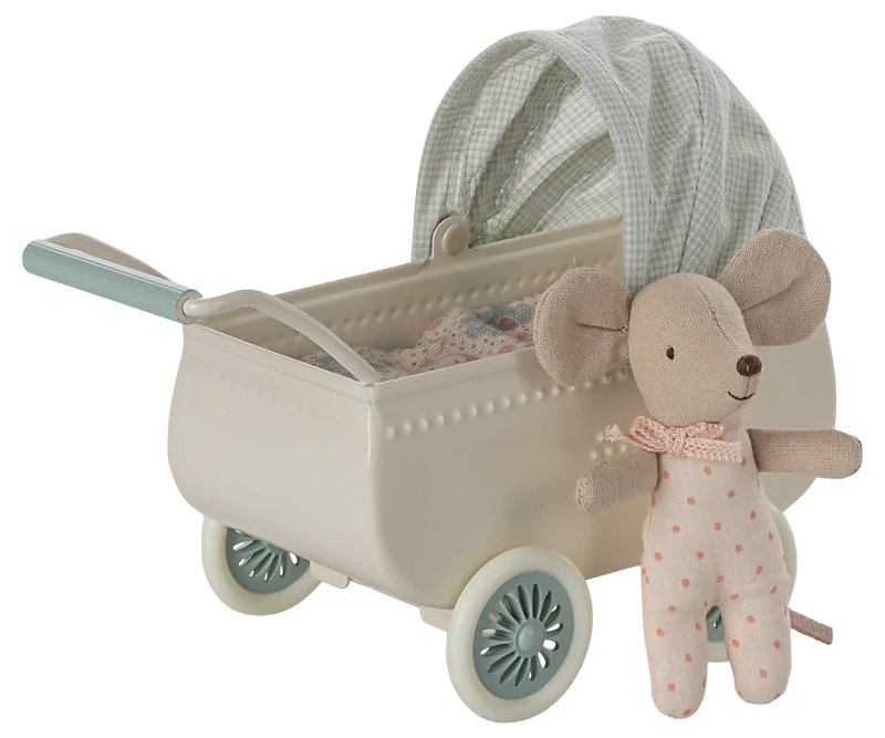 Maileg | Pram w/ Baby Mouse, Mint