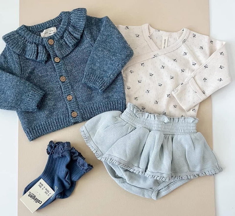 Ruffle Collar Cardigan || Ocean, Baby/Toddler Girls Clothing, Quincy Mae - All The Little Bows