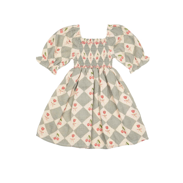 Ivy Dress || Cherry Patchwork - Vintage Blue