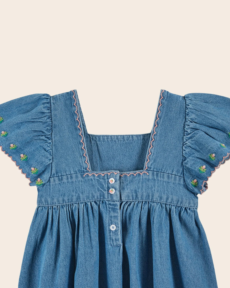 Embroidered Denim Dress in Light Denim