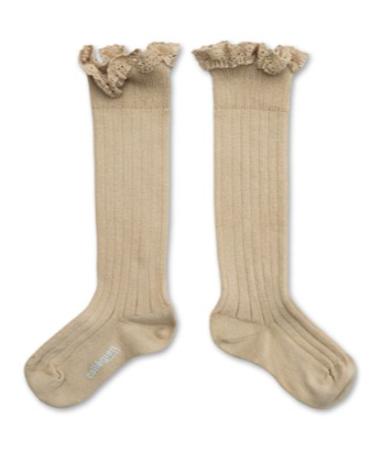 Collégien Josephine Lace Ruffle Trim Knee Socks | Sable