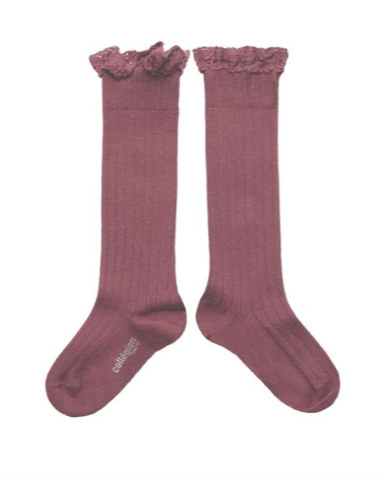 Collégien Josephine Lace Ruffle Trim Knee Socks | Raisin Rose