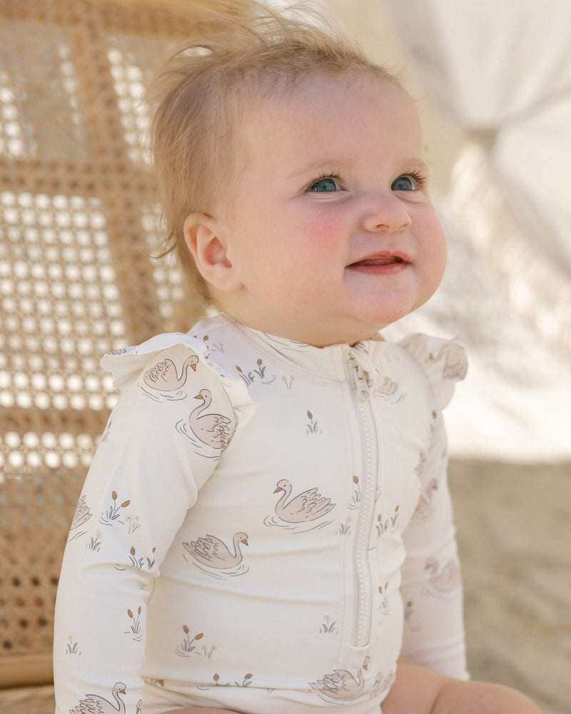 Byron Rashguard One - Piece || Swans, Baby / Toddler Girls Swim, Quincy Mae - All The Little Bows