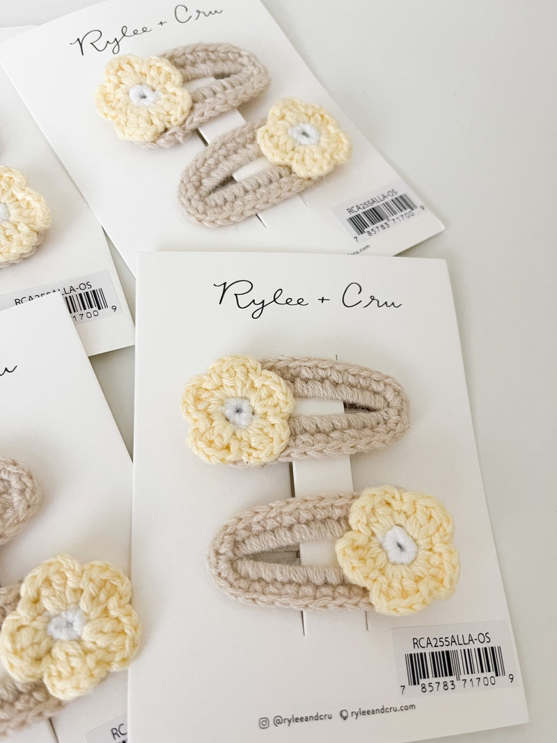 Crochet Clips || Yellow Daisy, Girls Hair Clips, Rylee + Cru - All The Little Bows