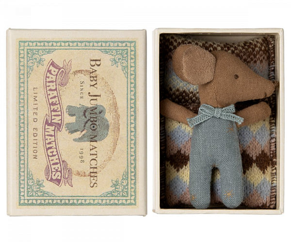 Maileg | Sleepy/Wakey Baby Mouse in Matchbox, Blue, , Maileg - All The Little Bows