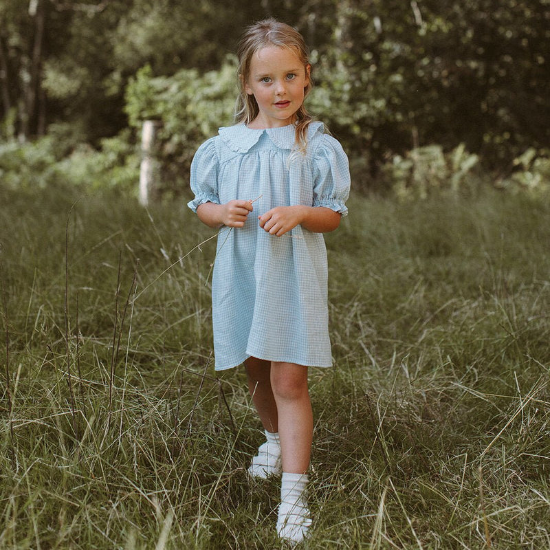 Marbles Dress | Baby Blue & Milk Mini Check Linen, , Nellie Quats - All The Little Bows