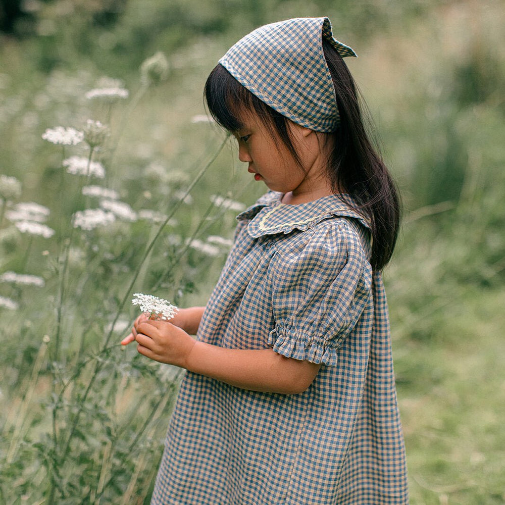 Marbles Dress in Cornflower Blue & Hay Check Linen