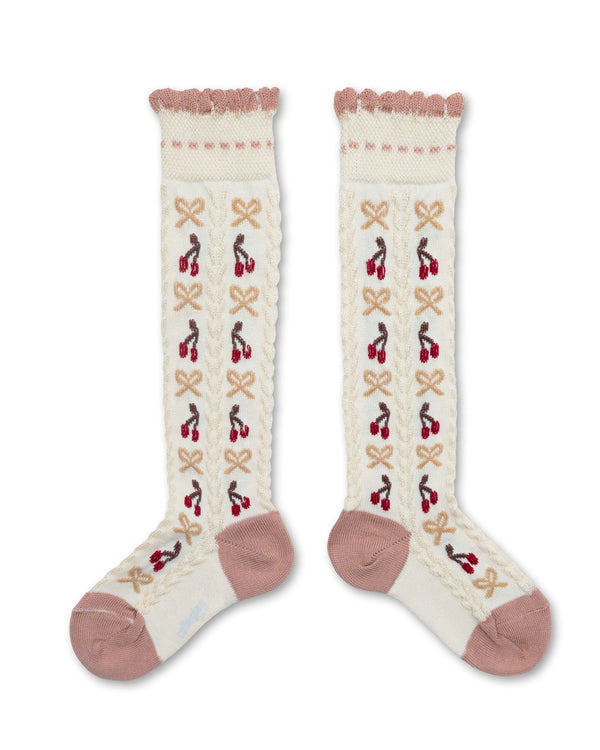 Collégien Cerise - Jacquard Cherries & Bows Knee Socks, Doux Agneaux