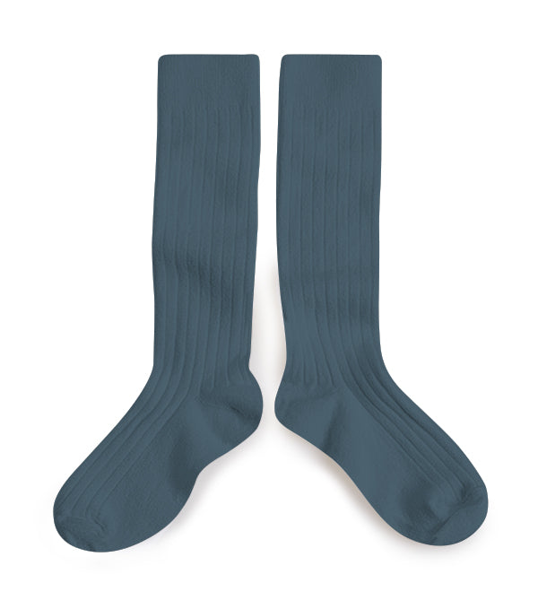 Collégien La Haute Ribbed Knee Socks | Bleu Cendré