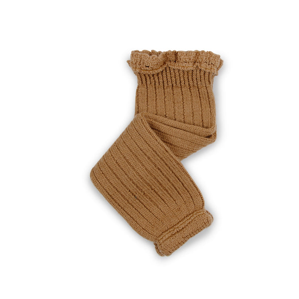 Léna - Ribbed Merino Wool Legwarmers with Lace Frill - Caramel au Beurre Salé