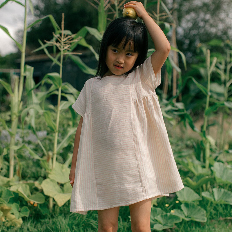 Ring O’ Roses Dress | Blush & Oat Stripe Linen, , Nellie Quats - All The Little Bows
