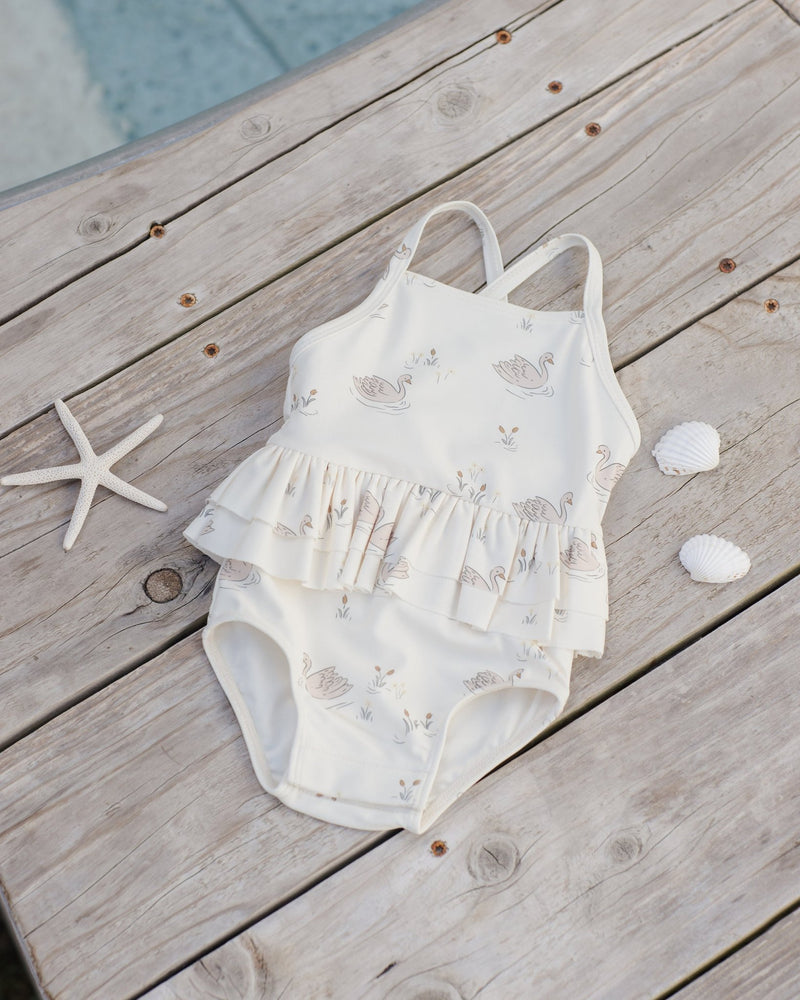 Ruffled One - Piece Swimsuit || Swans, Baby / Toddler Girls Swim, Quincy Mae - All The Little Bows