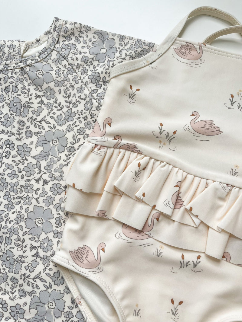 Ruffled One - Piece Swimsuit || Swans, Baby / Toddler Girls Swim, Quincy Mae - All The Little Bows