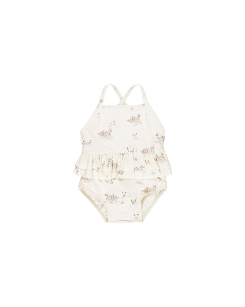 Ruffled One - Piece Swimsuit || Swans, Baby / Toddler Girls Swim, Quincy Mae - All The Little Bows