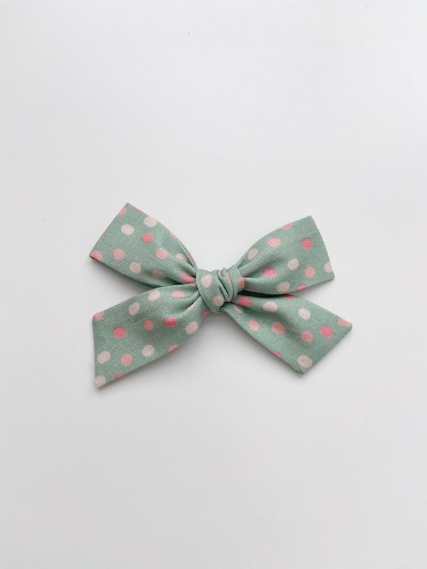 Classic Bow | Pink Dots on Mint - Headband, Clip, or Pigtail Clip Set, , All The Little Bows - All The Little Bows