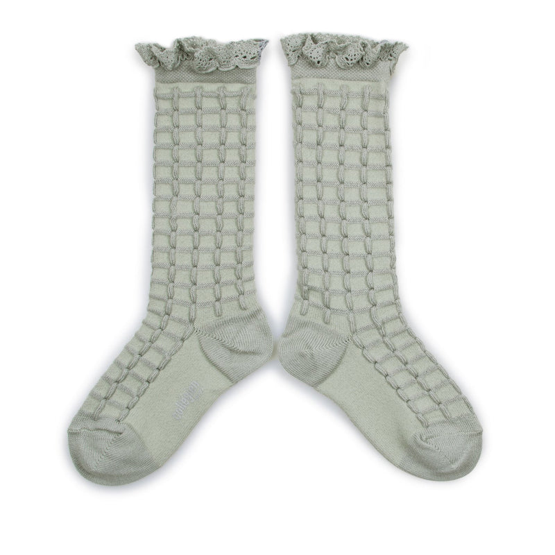 "Coralie" Textured Check Knee Socks w/ Lace Trim | Aigue Marine - Collégien - All The Little Bows