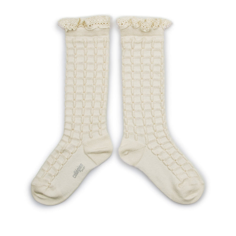 Collegien Coralie Textured Check Knee Socks w/ Lace Trim | Doux Agneaux, , Collégien - All The Little Bows