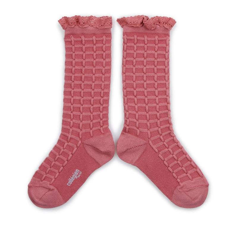 Collegien Coralie Textured Check Knee Socks w/ Lace Trim | Rose Litchi, , Collégien - All The Little Bows