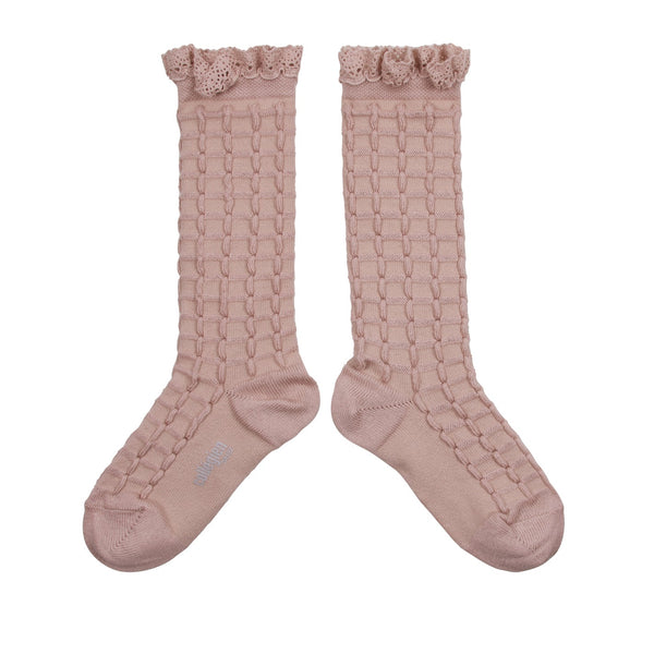 "Coralie" Textured Check Knee Socks w/ Lace Trim | Vieux Rose - Collégien - All The Little Bows