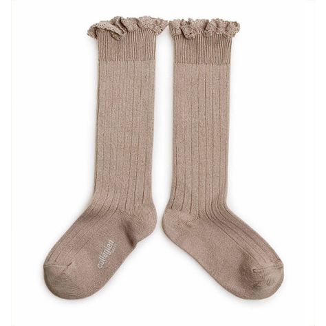 "Josephine" Lace Ruffle Trim Knee Socks | Petite Taupe - Collégien - All The Little Bows