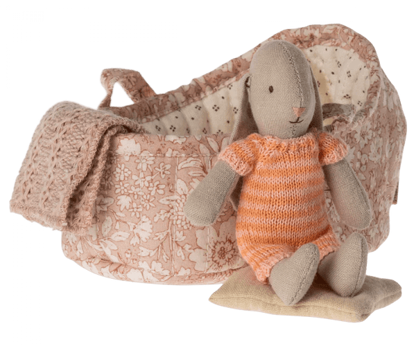 Maileg | Bunny in Carry Cot, Micro - Bright Pink / Peach - Maileg - All The Little Bows