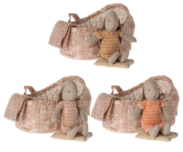 Maileg | Bunny in Carry Cot, Micro - Powder Pink / Marigold, , Maileg - All The Little Bows
