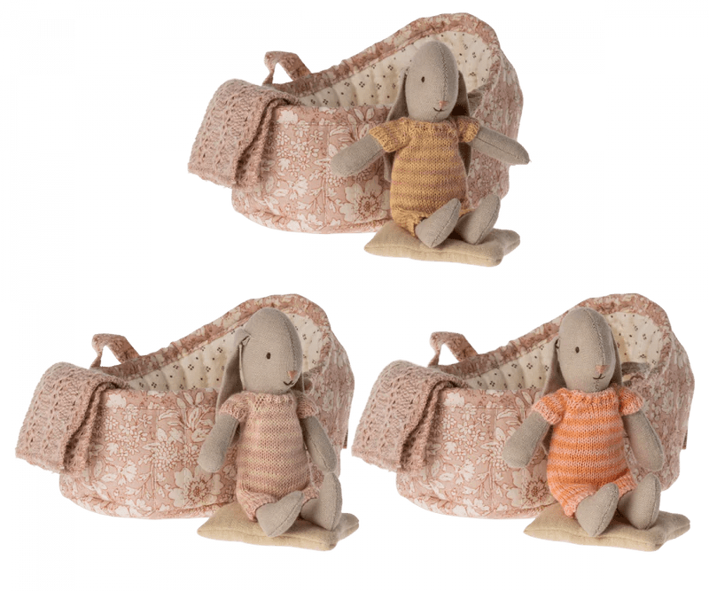 Maileg | Bunny in Carry Cot, Micro - Powder Pink / Marigold, , Maileg - All The Little Bows