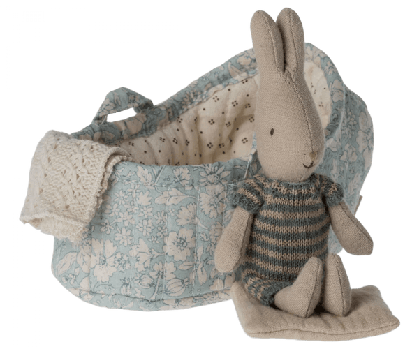 Maileg | Rabbit in Carry Cot, Micro - Dark Blue, , Maileg - All The Little Bows