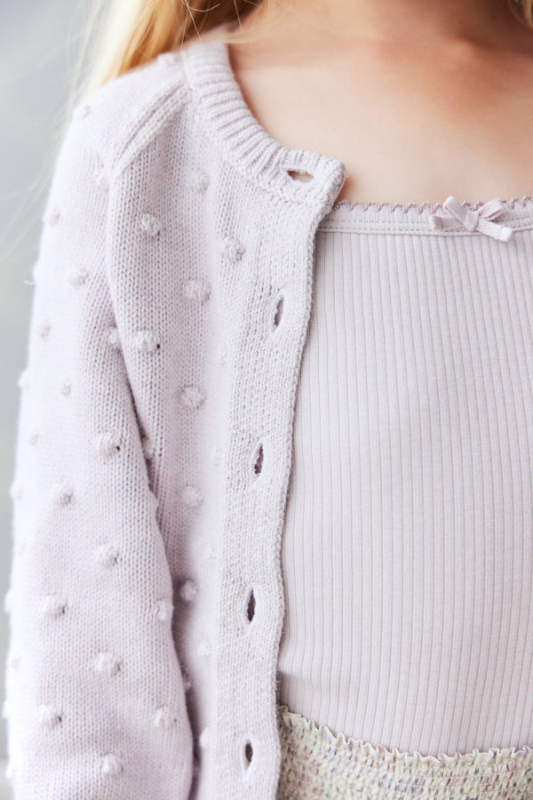 OG Dotty Knit Cardigan - Pale Lilac Marle, Girls Popcorn Sweater, Jamie Kay - All The Little Bows
