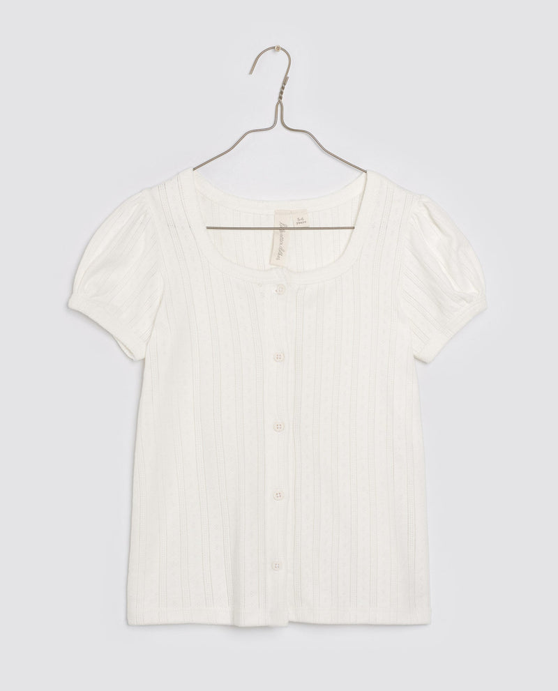 Organic Pointelle Button T-Shirt || Chalk, Girls Top, Little Cotton Clothes - All The Little Bows