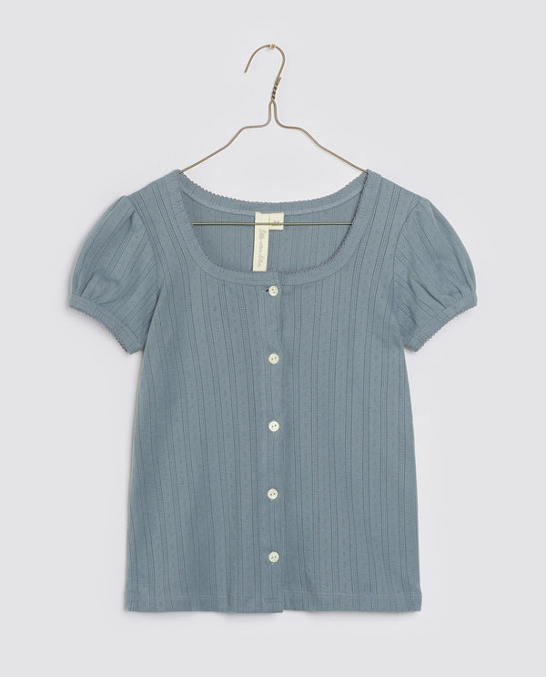 Organic Pointelle Button T-Shirt || Enamel Blue, Girls Top, Little Cotton Clothes - All The Little Bows