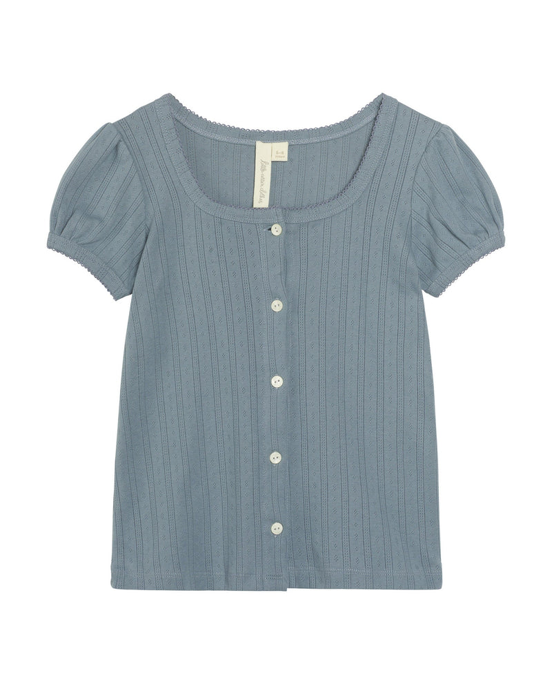 Organic Pointelle Button T-Shirt || Enamel Blue, Girls Top, Little Cotton Clothes - All The Little Bows