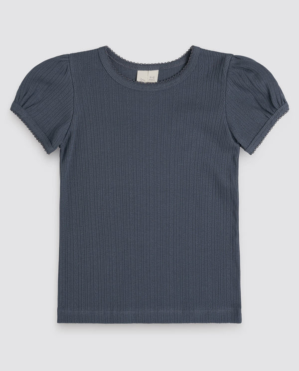 Organic Pointelle T-Shirt || Storm Blue, Girls Top, Little Cotton Clothes - All The Little Bows