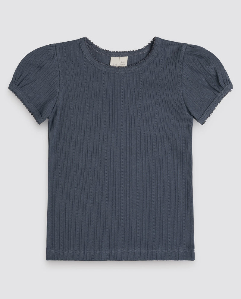 Organic Pointelle T-Shirt || Storm Blue, Girls Top, Little Cotton Clothes - All The Little Bows