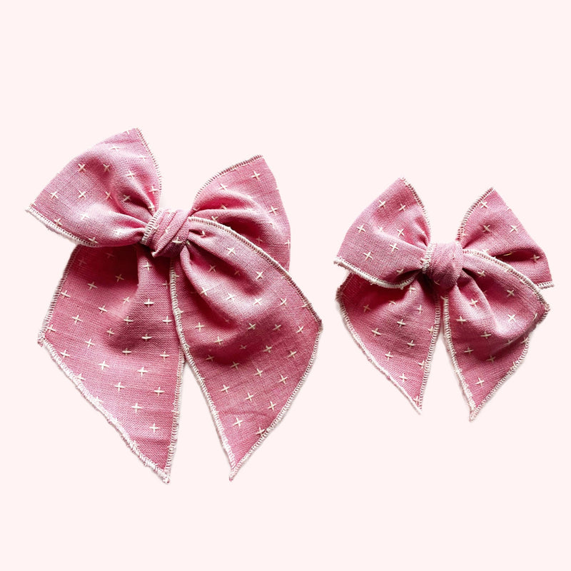 Pink Cross Stitched Elle Bow, , Lady Eleanor & Co - All The Little Bows