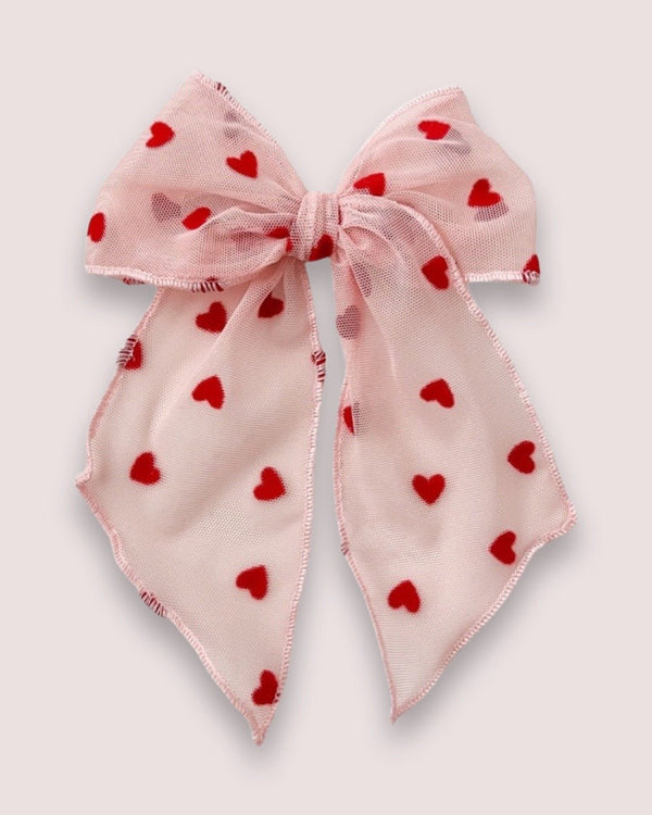 Pink Sheer Flocked Heart Elle Bow, , Lady Eleanor & Co - All The Little Bows