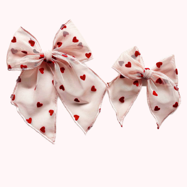 Pink Sheer Flocked Heart Elle Bow - Lady Eleanor & Co - All The Little Bows