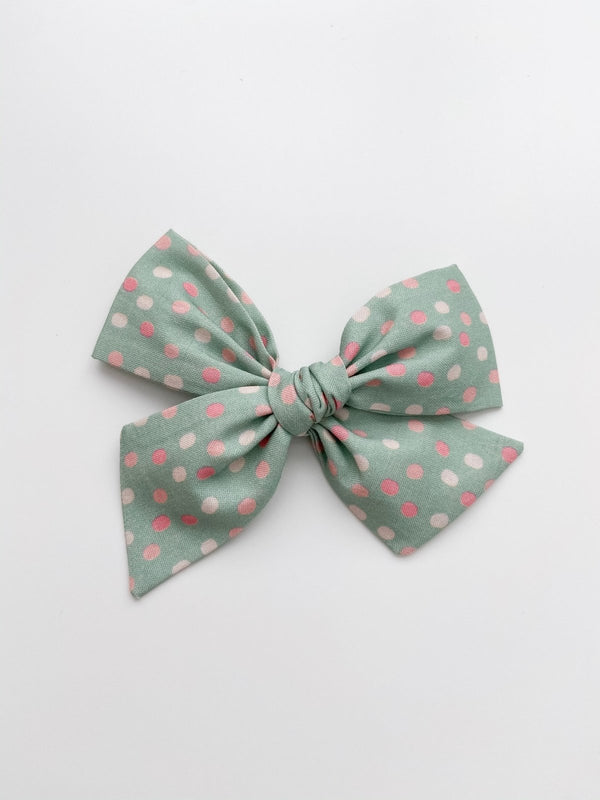 Pinwheel Bow | Pink Dots on Mint - Headband or Clip, , All The Little Bows - All The Little Bows