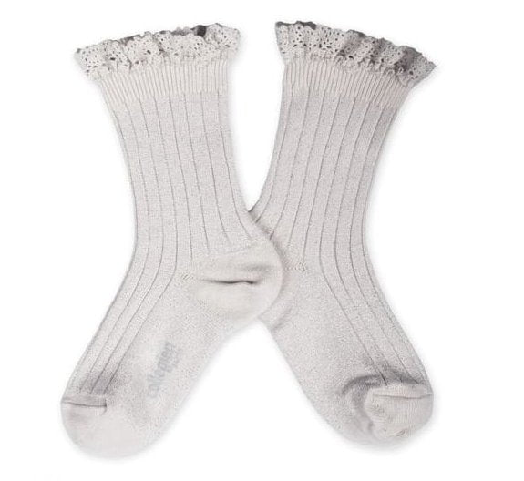 Collegien Victorine Glitter Ribbed Crew Socks w/ Lace Trim | Blanc Neige, , Collégien - All The Little Bows