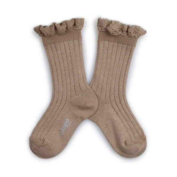 "Victorine" Glitter Ribbed Crew Socks w/ Lace Trim | Petite Taupe - Collégien - All The Little Bows