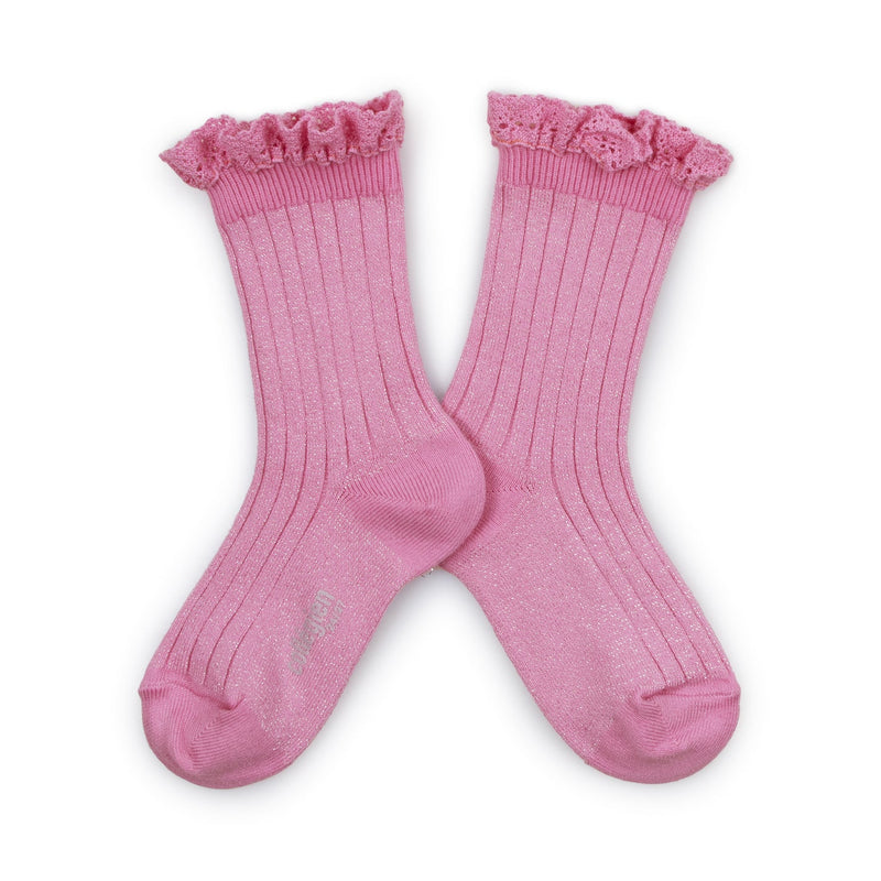 Collegien Victorine Glitter Ribbed Crew Socks w/ Lace Trim | Rose Bonbon, , Collégien - All The Little Bows