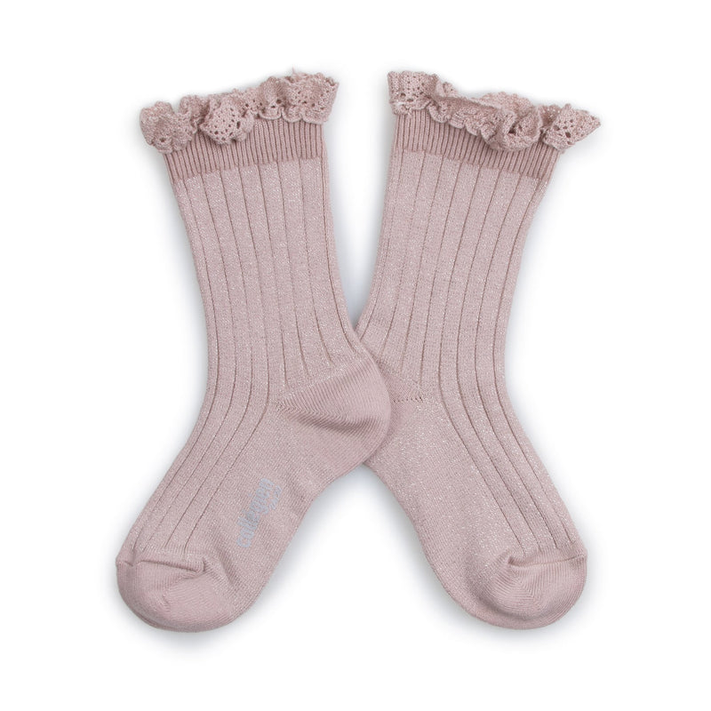 "Victorine" Glitter Ribbed Crew Socks w/ Lace Trim | Vieux Rose - Collégien - All The Little Bows